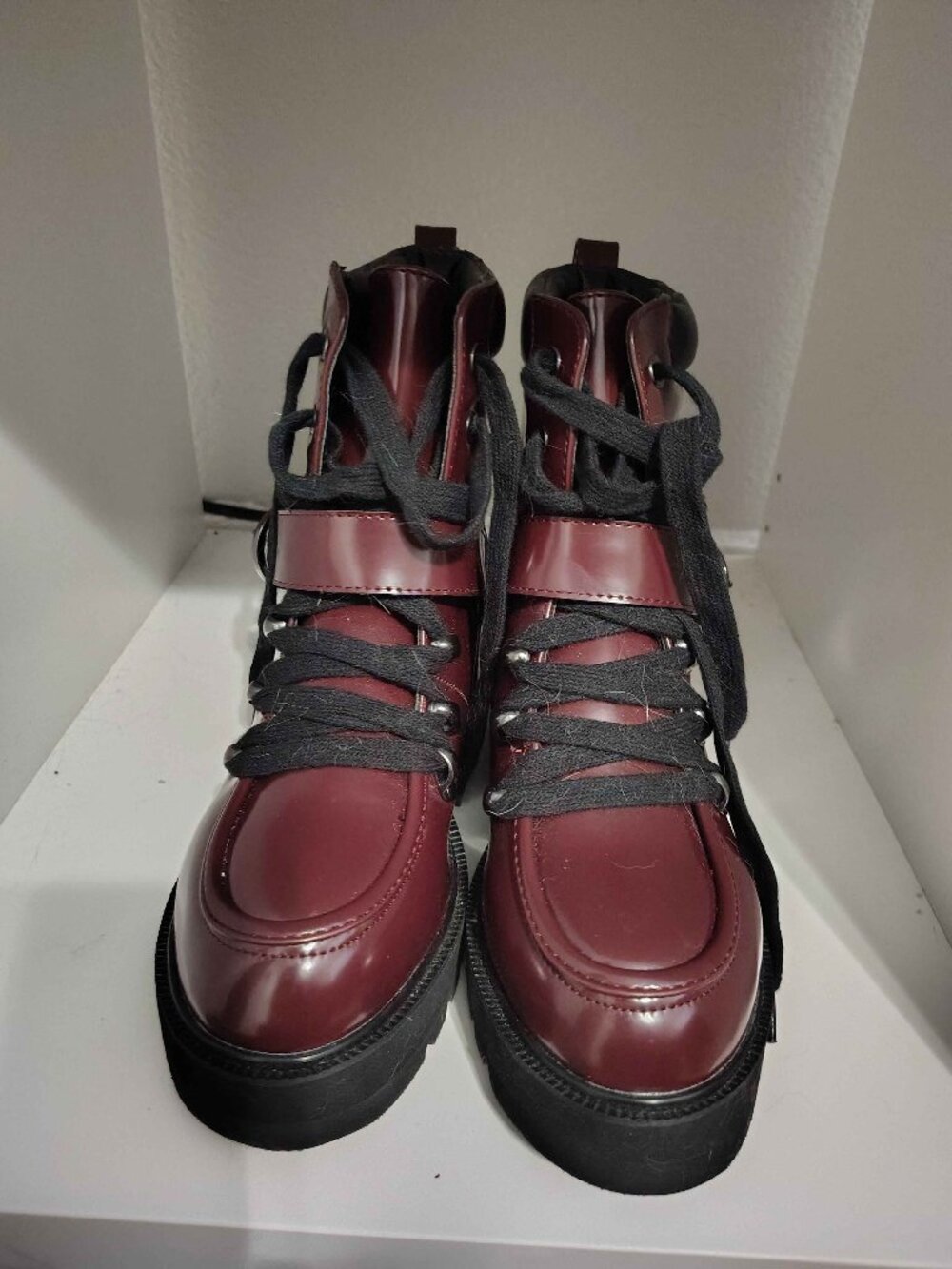 Qupid Burgundy Combat Boots with Buckle, Size 6